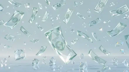4K Ultra HD PC desktop wallpaper of glass shards and banknotes raining through a reflective, pastel-toned space, bills and crystalline fragments suspended midair.