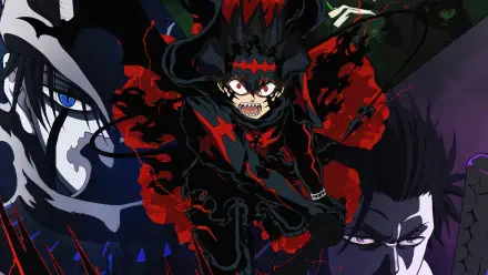 Black Clover 4K Ultra HD PC desktop wallpaper: Asta in Black Asta form lunging forward, red-black mana swirling, shadowy faces of allies and enemies loom in the background.