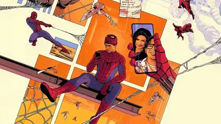 Spider-Man: Brand New Day 4K Ultra HD PC desktop wallpaper — comic panels of Spider-Man perched on a beam, swinging, pointing, and checking a phone displaying MJ's photo.