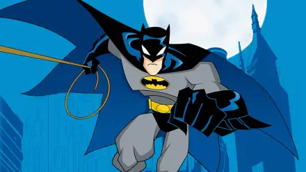 The Batman (Series) 4K Ultra HD PC desktop wallpaper: animated Batman swoops over moonlit Gotham skyline, cape billowing, holding a grappling line and batarang.