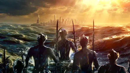 The War Between the Land and the Sea — 4K Ultra HD PC desktop wallpaper: trident-wielding sea-warriors wade through stormy waves toward a distant city beneath a fiery, dramatic sky.
