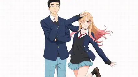 My Dress-Up Darling anime 4K Ultra HD PC desktop wallpaper: a navy-blazer boy and a blonde-pink–haired schoolgirl pose cheerfully against a clean white background.