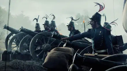 Cinco de Mayo: The Battle — 4K Ultra HD PC wallpaper of uniformed soldiers manning cannons on a smoky battlefield, feathered helmets and torches at dawn.