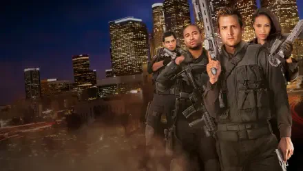 S.W.A.T. Under Siege HD PC desktop wallpaper: four SWAT officers in black tactical gear holding rifles against a nighttime city skyline.