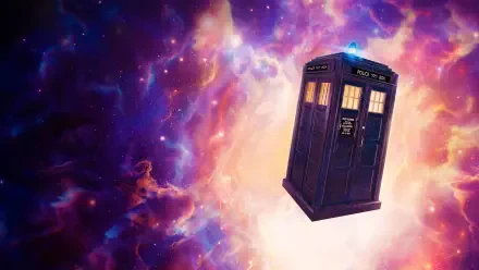 Doctor Who (2023) 4K Ultra HD PC desktop wallpaper: the TARDIS hovering through a glowing purple, pink and orange nebula.