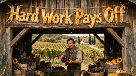 Farmer smiles holding grapes under a wooden Hard Work Pays Off sign in a sunlit vineyard, crates of fruit and sunflowers — 4K Ultra HD PC desktop wallpaper.