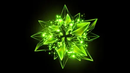 Amoled abstract geometric star formed from glowing green crystal shards, sparkling and faceted on a deep black background; 5K Ultra HD PC desktop wallpaper.