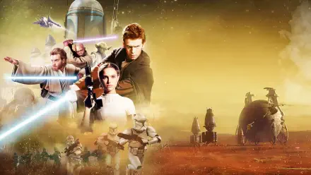 Star Wars Episode II: Attack of the Clones 4K Ultra HD PC desktop wallpaper featuring Anakin, Padmé and Obi‑Wan with clone troopers and starfighters over a desert battlefield.