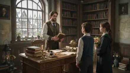 4K Ultra HD PC wallpaper: a teacher in a cozy library holds a book while two students stand at an antique desk — a teacher appreciation scene.