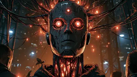 Sci-Fi robot Android with glowing red eyes and exposed circuitry, cables trailing into a dark forest — 2K Quad HD PC desktop wallpaper, artificial intelligence theme.