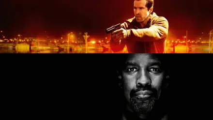 Safe House 4K Ultra HD PC desktop wallpaper: split composition — top shows a man aiming a pistol against glowing city lights; bottom shows a dramatic, shadowed close-up portrait.