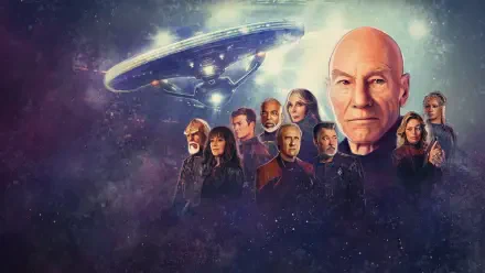 Star Trek: Picard 2K Quad HD PC desktop wallpaper — the Enterprise above a starry nebula, a prominent Picard portrait and the main crew lined up beneath.