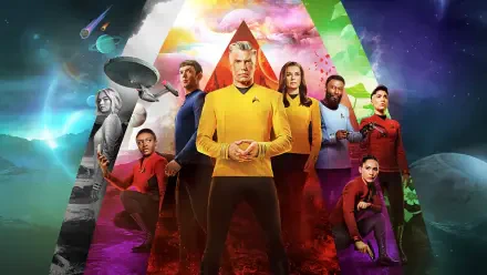 Star Trek: Strange New Worlds 4K Ultra HD PC desktop wallpaper — Captain Pike and the Enterprise crew posed against a vivid triangular cosmic background