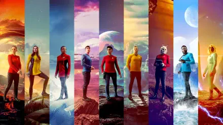 Star Trek: Strange New Worlds 4K Ultra HD PC desktop wallpaper featuring Starfleet officers in colorful vertical panels set against alien planets, rugged landscapes, and dramatic skies.