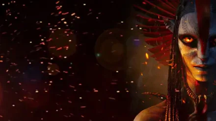 Fiery Avatar: Fire and Ash character close-up with glowing orange eyes and drifting embers on a dark 4K Ultra HD PC desktop wallpaper background.