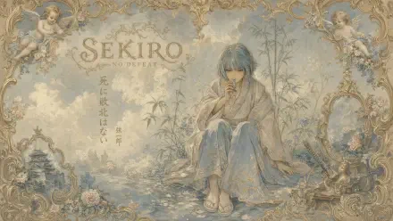Ornate pastel Sekiro: No Defeat artwork of a seated warrior in kimono among flowers — Sekiro: Shadows Die Twice video game 4K Ultra HD PC desktop wallpaper/background.