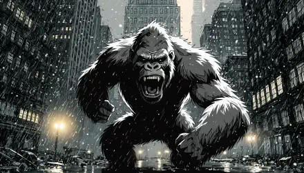 4K Ultra HD PC desktop wallpaper: King Kong gorilla monster roars amid a rain-slick city, looming over cars and skyscrapers as lights reflect on wet streets.