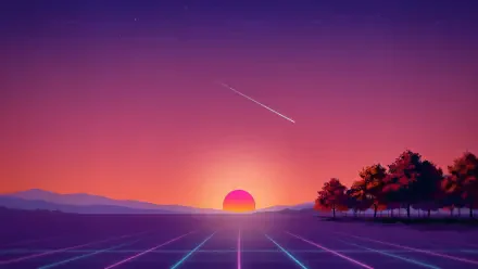 4K Ultra HD PC desktop wallpaper: stylized fall sunset landscape with a glowing sun setting over a grid road, leading toward silhouetted trees on the right.