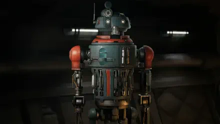 HD PC desktop wallpaper of M-3VO droid from Star Wars: Zero Company — weathered green-and-red astromech standing in a dim hangar with cinematic lighting, video game artwork.