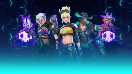 HD PC desktop wallpaper of Overwatch video game heroes in neon cyberpunk skins posed in a row against a glowing hexagonal tech background.