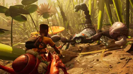 Grounded 2 video game 4K Ultra HD PC desktop wallpaper: an armored tiny survivor confronts a giant spider amid towering grass and sunlit backyard debris.