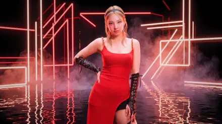 K-pop idol singer and Korean model in a red gown with long gloves, posing amid neon geometric lights reflected on water — 5K Ultra HD PC desktop wallpaper.