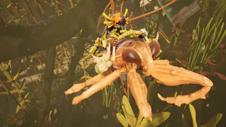 Grounded 2 video game HD PC desktop wallpaper: tiny survivor riding a giant bee-like insect over flowers in a sunlit backyard wilderness.