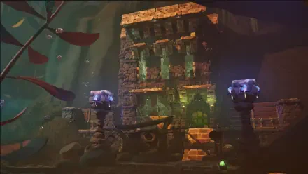 HD PC desktop wallpaper and background for the video game Grounded 2: ancient ruined temple—overgrown stone steps, glowing torches and mossy architecture in a shadowy, atmospheric ruin.