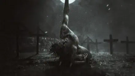 Werwulf 4K Ultra HD PC desktop wallpaper: monochrome horror scene of a werewolf clawing up from a muddy grave under a full moon amid rain and crosses.