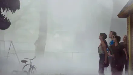 The End of Oak Street — 4K Ultra HD PC Desktop Wallpaper and Background: a group peers into a fog-filled, surreal street with a looming tree silhouette and a twisted plant in the foreground.