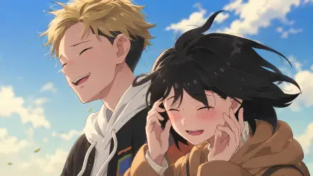 5K Ultra HD desktop wallpaper of Natsumi Nishi and Kentarou Yamada from Seihantai na Kimi to Boku, laughing together under a bright blue sky.
