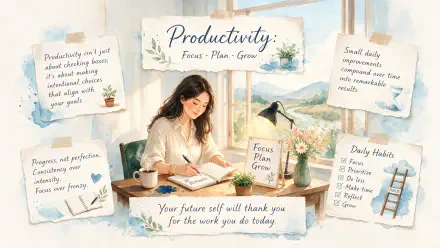 4K Ultra HD PC desktop wallpaper: sunlit workspace — person at a desk with a planner, coffee, sticky notes and motivational productivity prompts.