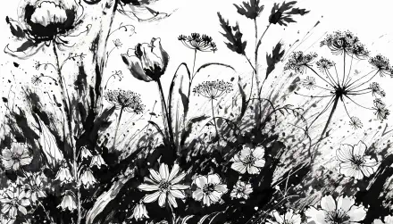 Monochrome ink illustration of a blooming meadow of wildflowers and plant seed heads, floral details in black and white — 4K Ultra HD PC desktop wallpaper