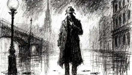 4K Ultra HD PC wallpaper: moody black-and-white sketch of Sherlock Holmes — a silhouetted man in deerstalker and cloak on a rain‑slick street beneath gas lamps.