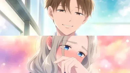 Split portrait of Shuuji Taira (smiling in sunlight) and Shino Azuma (blushing, hand to mouth) from Seihantai na Kimi to Boku, 5K Ultra HD PC desktop wallpaper.