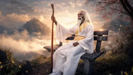 La Peace (meme): robed white‑bearded sage with a staff sits on a bench overlooking misty mountains at golden dusk — 4K Ultra HD PC desktop wallpaper and background.