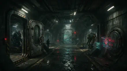 4K Ultra HD sci‑fi spaceship corridor: dim, wet metal passage with armored figures, glowing consoles and a distant engine core — PC desktop wallpaper background.