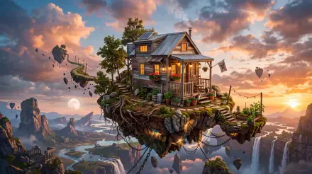 5K Ultra HD PC desktop wallpaper of a tiny house cottage on a lush floating island — a cozy house with glowing porch lights suspended above misty valleys at sunset.
