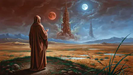 4K Ultra HD desktop wallpaper: Hooded figure surveys a terraformed alien landscape with twin moons and a looming tower on the horizon.