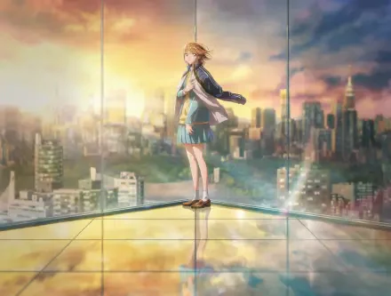 Blue Box anime wallpaper: a schoolgirl stands on a glass rooftop gazing over a sunlit cityscape at dusk — HD PC desktop background.