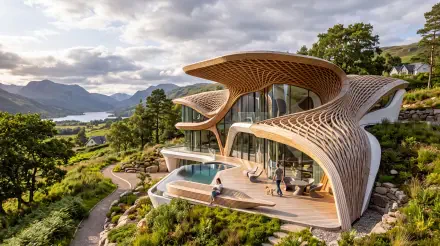 5K Ultra HD PC desktop wallpaper of a lakeside villa-style house, showcasing flowing wooden architecture, curved terraces, infinity pool and sweeping mountain views.