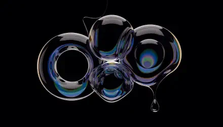 Abstract glass-morphism soap-bubble cluster with iridescent highlights and a suspended droplet on a black field — 4K Ultra HD PC desktop wallpaper/background.