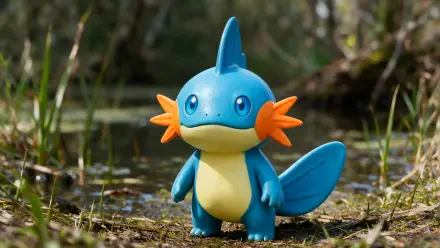 Mudkip (Pokémon) toy standing in shallow marsh water among grass, rendered as a 4K Ultra HD PC desktop wallpaper and background.
