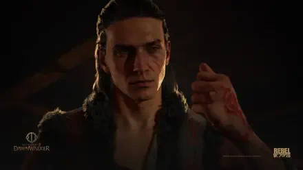 Portrait of a stern man from the video game The Blood of Dawnwalker, blood-marked hand raised, dramatic low-key lighting, 4K Ultra HD PC desktop wallpaper/background.