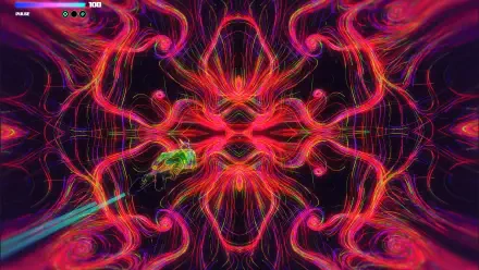 ETRE video game abstract fractal pattern: neon pink and red symmetrical swirls with a small green creature emitting a light streak, 4K Ultra HD PC desktop wallpaper/background.