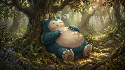 Snorlax (Pokémon) sleeping against a tree in a sunlit, detailed forest — 5K Ultra HD PC desktop wallpaper and background.