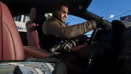 Grand Theft Auto VI 4K Ultra HD PC desktop wallpaper: man driver in a luxury car, sunglasses, handgun and cash on the seat — Grand Theft Auto video game action scene.