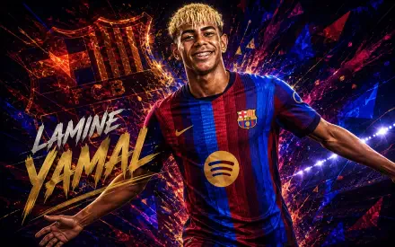 4K Ultra HD desktop wallpaper showing a smiling young FC Barcelona footballer in club kit celebrating amid dynamic red-and-blue energy graphics.
