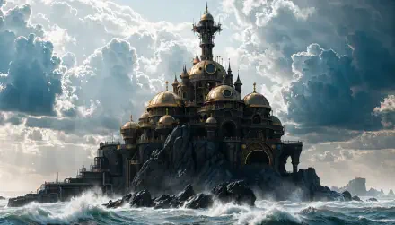 4K Ultra HD PC wallpaper: a sci-fi castle on a rocky island rising from a turbulent ocean beneath a dramatic, cloud-filled sky.
