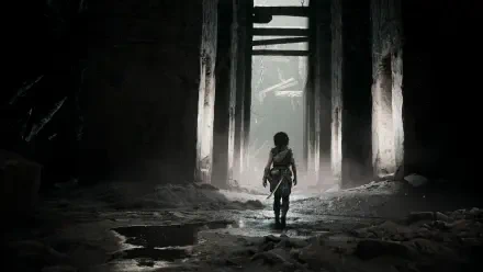 HD PC desktop wallpaper from the video game Resonance: A Plague Tale Legacy - lone silhouette walking through a ruined hall toward distant light.